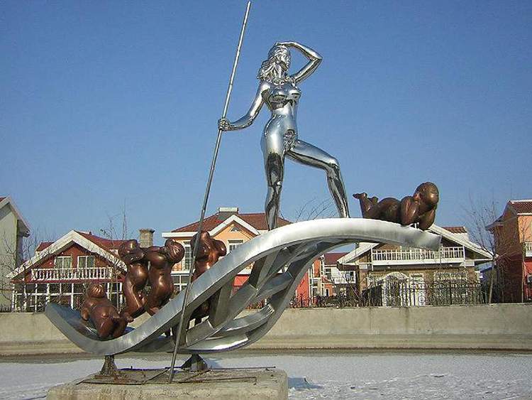 镜面不锈钢划船雕塑