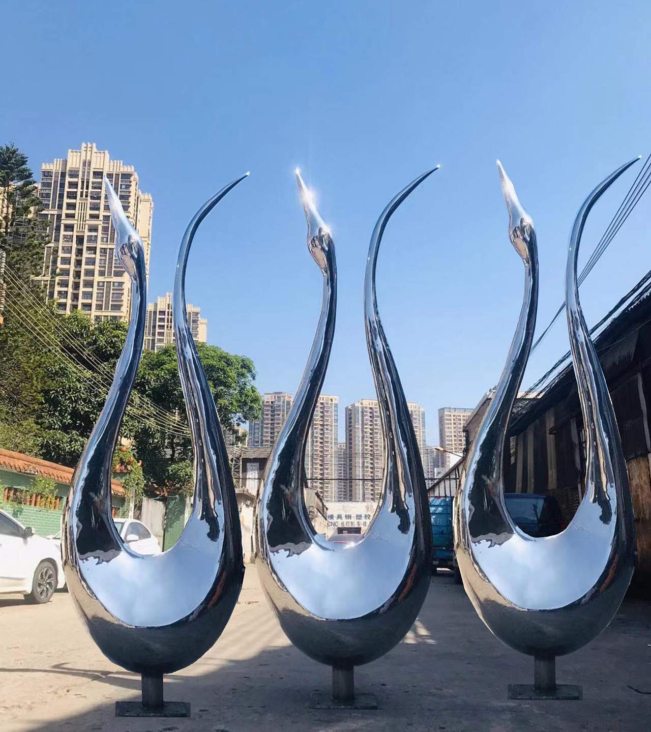 抽象镜面不锈钢天鹅雕塑造型